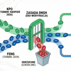 Schemat pokazuje, jak dostać dofinansowanie na firmę: środki z KPO i FENG przechodzą przez zasadę DNSH, a te zgodne z nią trafiają na cyfryzację, zieloną energię lub innowacje.