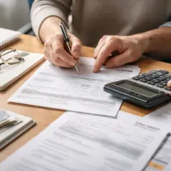 Osoba liczy dochód do dofinansowania z PFRON, używając kalkulatora i dokumentów.