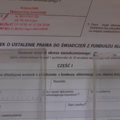 Wniosek o ustalenie prawa do świadczeń z funduszu alimentacyjnego. Dokument zawiera pola do wypełnienia, które pomogą w ustaleniu, jak obliczyć kryterium dochodowe do funduszu alimentacyjnego.