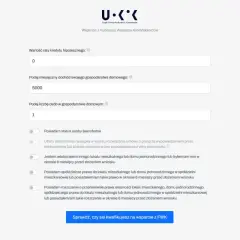 Formularz z polami do wpisania raty kredytu, dochodu, liczby osób oraz opcjami do zaznaczenia.