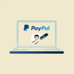 Ilustracja przedstawia laptop z logo PayPal. Obok profilu użytkownika znajduje się gumka, symbolizująca łatwość, jak przelać pieniądze na PayPal.