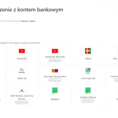Siatka z logo banków do połączenia z Kontomatikiem: PKO BP, Santander, mBank, ING, Millennium, Pekao, Alior, Credit Agricole, BNP Paribas, VeloBank, Pocztowy.