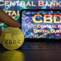 Złota moneta z napisem CBDC w dłoni, na tle ekranu z wykresem i napisem "Central Bank Digital Currency".