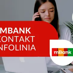 Czy infolinia mBank jest całodobowa? Młoda kobieta rozmawia przez telefon, obok logo mBank i strony zadłużenia.com.