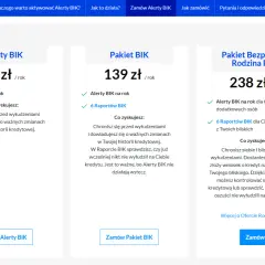 Porównanie ofert: Alerty BIK czy warto? Pakiet podstawowy za 42 zł/rok, rozszerzony za 139 zł/rok, rodzinny za 238 zł/rok.