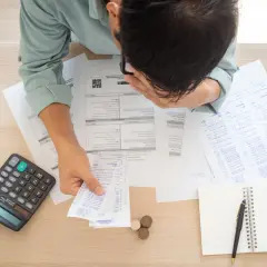 Zmartwiony mężczyzna z rachunkami i kalkulatorem. Czy mam komornika, czy dostanę dofinansowanie z UP?