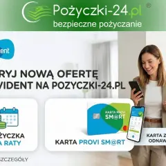 Kobieta z telefonem, logo Provident, ikony pożyczki na raty i karty Provi SM@RT.