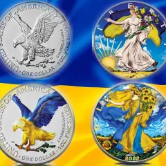 Monety z USA: orzeł i postacie kobiece na tle flagi Ukrainy. Jaka jest waluta w USA? Dolar amerykański.