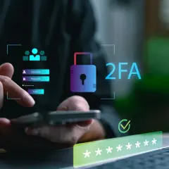 Dłoń loguje się do systemu, widoczny symbol kłódki i napis 2FA co to, podkreślający bezpieczeństwo.