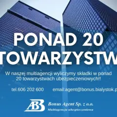 Dwa nowoczesne wieżowce z niebieskimi fasadami, tekst "PONAD 20 TOWARZYSTW".