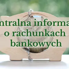 Drewniana skarbonka w kształcie świnki wypełniona monetami, z napisem "Centralna informacja o rachunkach bankowych".