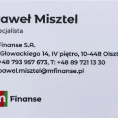 Wizytówka Pawła Misztela, specjalisty mFinanse S.A. w Olsztynie.