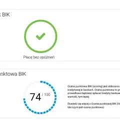 Wskaźnik BIK: zielony znaczek potwierdza, że płacę bez opóźnień. Ocena punktowa BIK to 74/100.