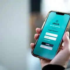 Dłoń trzyma smartfon z ekranem logowania do bankowości internetowej. Można tu wykonać przelewy wychodzące PKO BP.