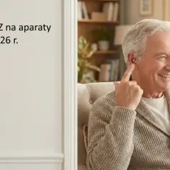 Uśmiechnięty starszy pan z aparatem słuchowym. Dowiedz się, ile wynosi dofinansowanie do aparatu słuchowego z NFZ w 2026 roku.