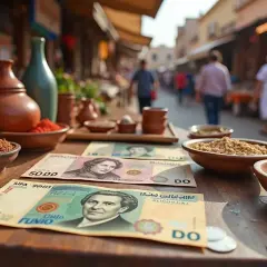 Na stole leżą banknoty, które mogą być odpowiedzią na pytanie, jaka waluta w Tunezji. Obok przyprawy i naczynia.