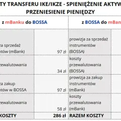 Tabela porównuje koszty transferu IKE/IKZE. Sprawdź, ile kosztuje przewalutowanie w mBanku przy transferze do BOSS-y (34 zł) i z BOSS-y (58 zł).