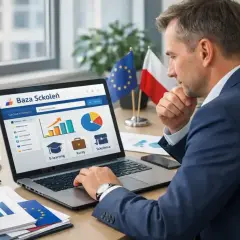 Mężczyzna analizuje na laptopie bazę usług rozwojowych, szukając informacji, jak uzyskać dofinansowanie na szkolenia.