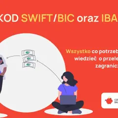 Grafika ilustruje przelewy zagraniczne. Widoczny jest kod IBAN, mężczyzna z telefonem i pieniądze.
