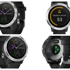 Zegarek Garmin z funkcją Garmin Pay, pokazujący poziom stresu i aktywność.