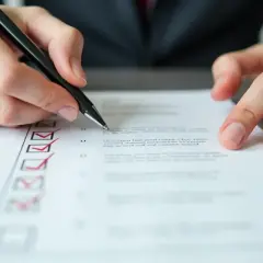 Ręka z długopisem zaznacza punkty na liście. Proces jak usunąć konto w mbank może wymagać podobnej skrupulatności.