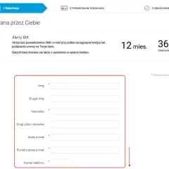 Formularz z danymi osobowymi, gdzie można sprawdzić, czy alerty BIK jest bezpieczny. Wypełniasz imię, nazwisko, adres e-mail i numer telefonu.