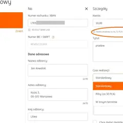 Formularz przelewu walutowego z PLN na EUR. Kwota przelewu to 44,72 PLN.