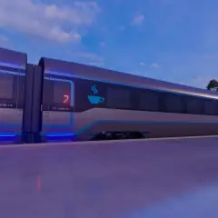Nowoczesny pociąg PKP Intercity z niebieskimi akcentami i podświetlanymi numerami wagonów na tle nieba.