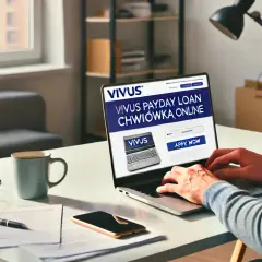 Mężczyzna pracuje przy laptopie, na którym wyświetla się strona Vivus. Czy to bezpieczne? Na biurku leżą okulary, telefon i kubek kawy.