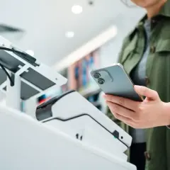 Kobieta zbliża telefon do terminala płatniczego, by spłacić pożyczkę w IKO.