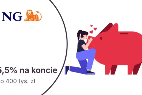 ING oferuje 5,5% na koncie do 400 tys. zł. Kobieta przytula skarbonkę, symbolizując troskę o oszczędności, w przeciwieństwie do mbank.