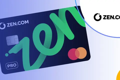 Karta ZEN.COM PRO z zielonym, falującym logo. Obok logo ZEN.COM.