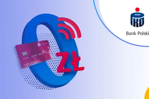 Karta PKO BP i symbol złotówki na tle niebieskiego okręgu. PKO konto dla młodych 13-18 – zacznij oszczędzać!