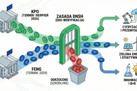 Schemat pokazuje, jak dostać dofinansowanie na firmę: środki z KPO i FENG przechodzą przez zasadę DNSH, a te zgodne z nią trafiają na cyfryzację, zieloną energię lub innowacje.