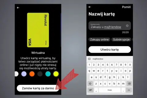 Tworzenie wirtualnej karty Revolut "Zakupy u majfriendow" do łatwego zarządzania płatnościami online.