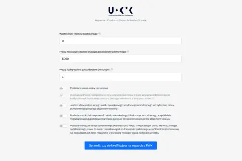 Formularz z polami do wpisania raty kredytu, dochodu, liczby osób oraz opcjami do zaznaczenia.