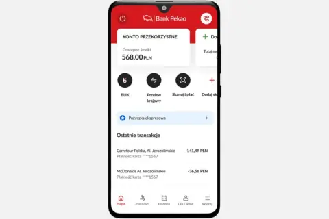 Aplikacja bankowa Peako. Widok pulpitu z dostępnymi środkami i ostatnimi transakcjami. Tu znajdziesz informacje, jak sprawdzić numer klienta Peako.