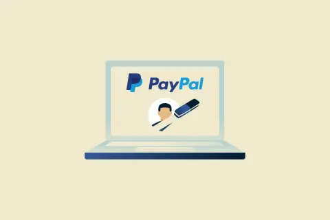 Ilustracja przedstawia laptop z logo PayPal. Obok profilu użytkownika znajduje się gumka, symbolizująca łatwość, jak przelać pieniądze na PayPal.