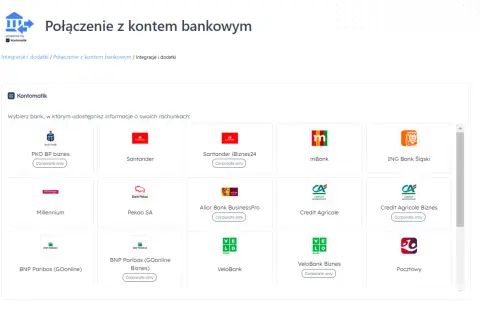 Siatka z logo banków do połączenia z Kontomatikiem: PKO BP, Santander, mBank, ING, Millennium, Pekao, Alior, Credit Agricole, BNP Paribas, VeloBank, Pocztowy.