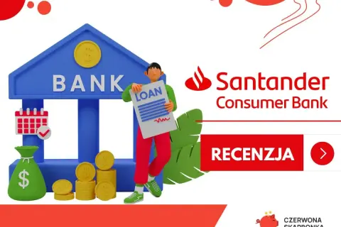Santander Consumer Bank oferuje konsolidację chwilówek. Grafika przedstawia bank, worek z pieniędzmi, monety i dokument "LOAN".