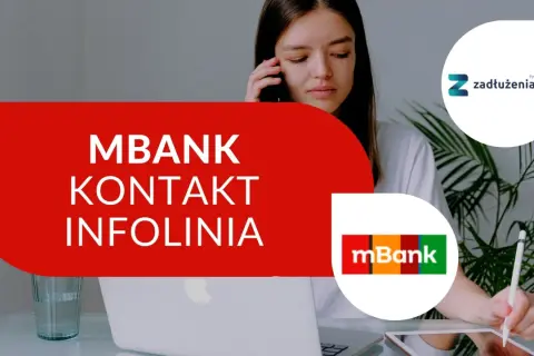Czy infolinia mBank jest całodobowa? Młoda kobieta rozmawia przez telefon, obok logo mBank i strony zadłużenia.com.