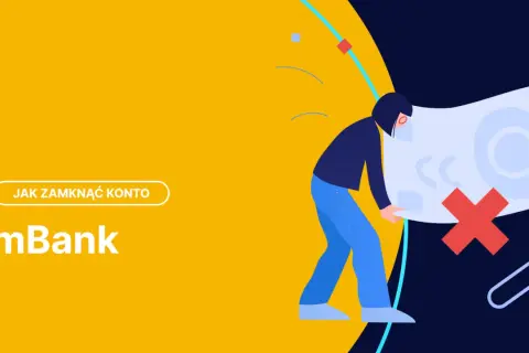 Ilustracja pokazuje, jak zamknąć konto w mBank przez aplikację. Czerwony krzyżyk symbolizuje zamknięcie.