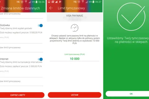 Jak zmienić limit w mBank aplikacji? Widok ustawiania tymczasowego limitu płatności w sklepie na 10 000 PLN.