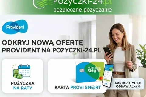 Kobieta z telefonem, logo Provident, ikony pożyczki na raty i karty Provi SM@RT.