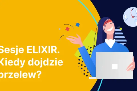 Uśmiechnięta osoba z laptopem czeka na przelew w sesjach ELIX. Zegar wskazuje, że czas płynie.