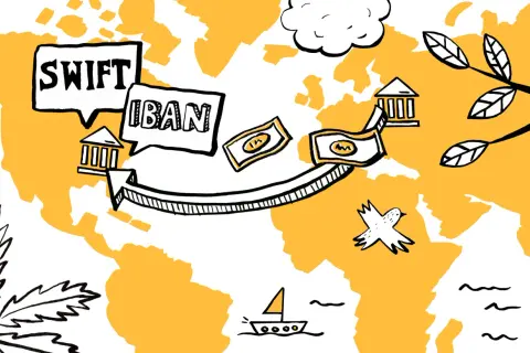 SWIFT i IBAN na mapie świata, symbolizujące międzynarodowe przelewy. Pieniądze płyną między bankami, a ptak i żaglówka sugerują globalną podróż.