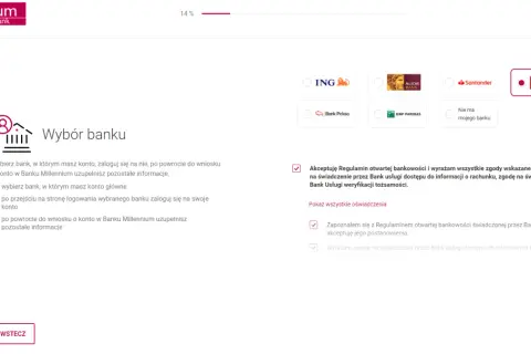 Wybór banku, zaznaczony mBank. Proces weryfikacji tożsamości w ramach millenium 360.
