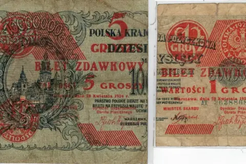 Banknoty z 1924 roku, przedstawiające grosze, były walutą w Polsce przed złotym.