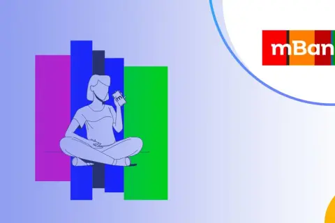 Osoba z telefonem na tle kolorowych prostokątów. Logo mBank. Gdzie wypłacić pieniądze? Sprawdź w aplikacji!