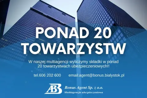 Dwa nowoczesne wieżowce z niebieskimi fasadami, tekst "PONAD 20 TOWARZYSTW".